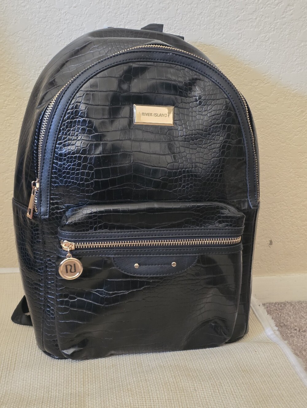 River Island Black Croc-Embossed Backpack
